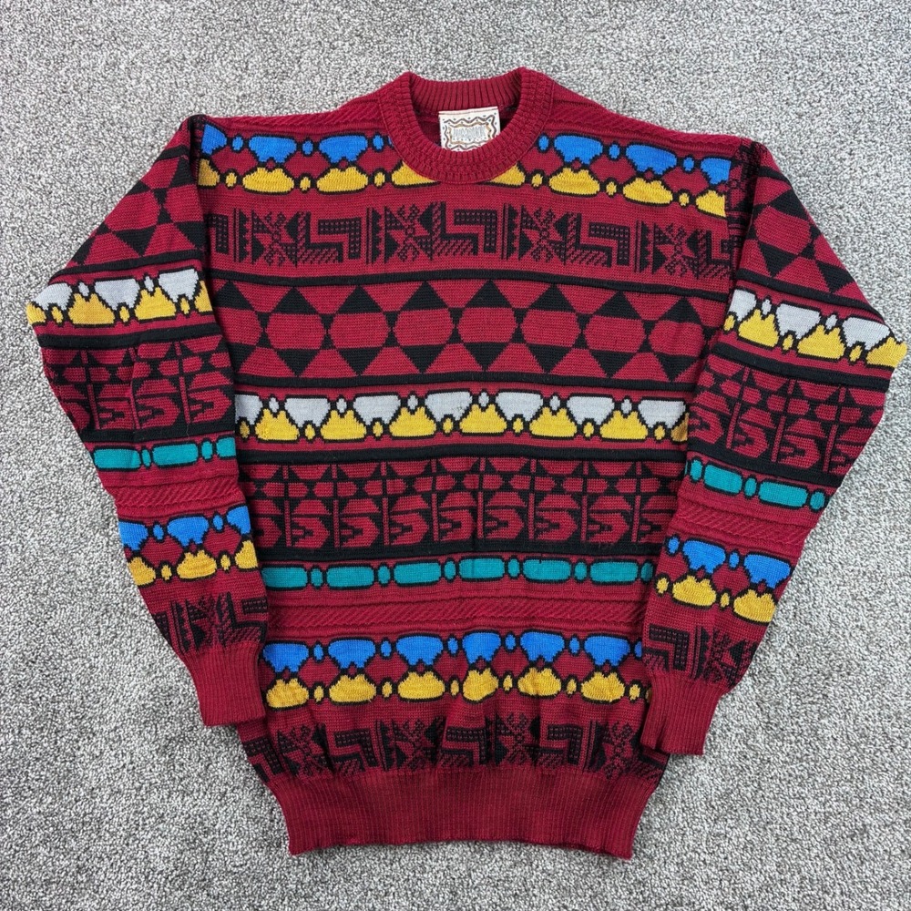 Vintage Jumbuck Australia Sweater Mens M Red Merino Wool Geometric Tribal